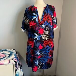 AI'MAGE XXL Blue Floral Swimsuit Cover Up Short Sleeve Shirt Dress